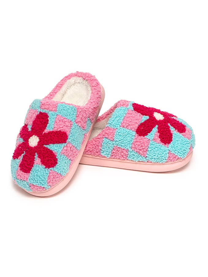 Living Royal - Wholesale Slippers - Kids - Indoor / Outdoor Slippers - Kids- Checker w/Red Flower -Pink1