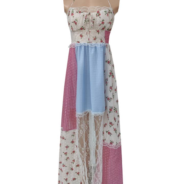 Floral sheer mesh lace patchwork halter maxi flare dress for wholesale on Faire