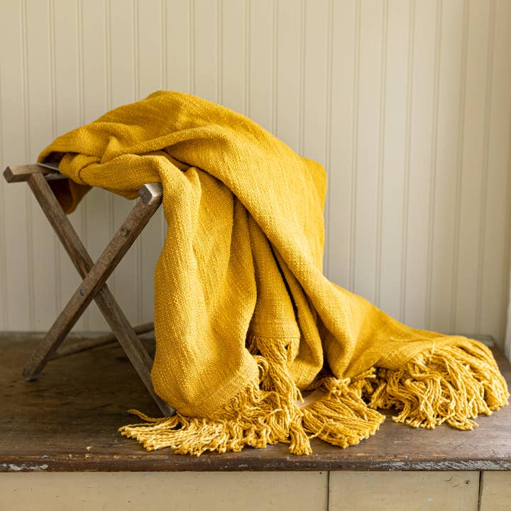 Mattie Hand Woven Fringed Throw Blanket Mustard Cotton for wholesale by Foreside Home & Garden