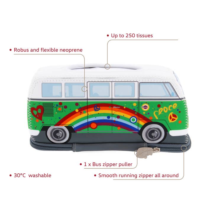 VW Collection by BRISA - Vente Boîtes à mouchoirs - Distributeur de mouchoirs en néoprène en forme de VW T1 Bus - Peace/vert2
