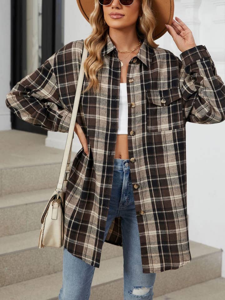 HIDDENBRAND - Wholesale Shirt - Women's - Oversized Boyfriend Brushed Plaid Shirt6