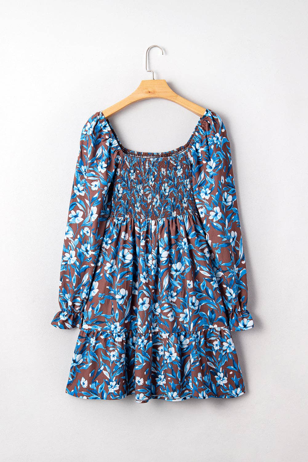 Blue Floral Smocked Bodice Ruffle Sleeve Dress for wholesale on Faire3