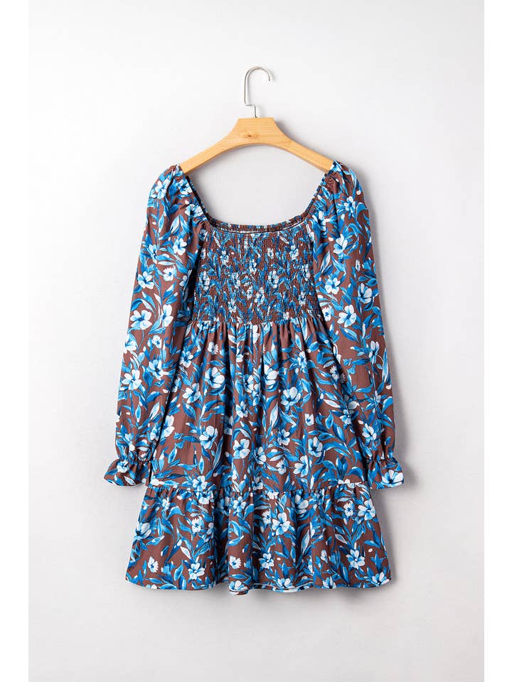 Blue Floral Smocked Bodice Ruffle Sleeve Dress for wholesale on Faire3