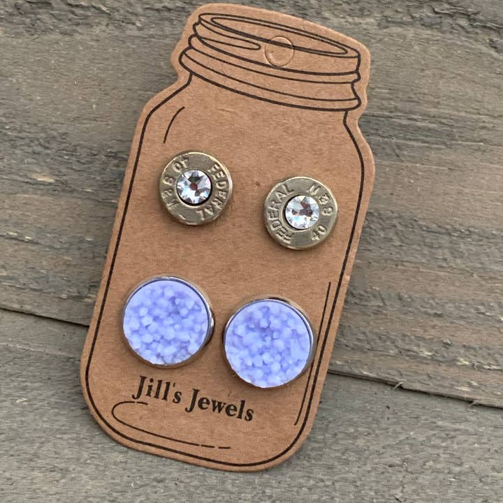 Lila lilla Druzy 40 Caliber Bullet Stud örhängen Set för wholesale av Jill's Jewels