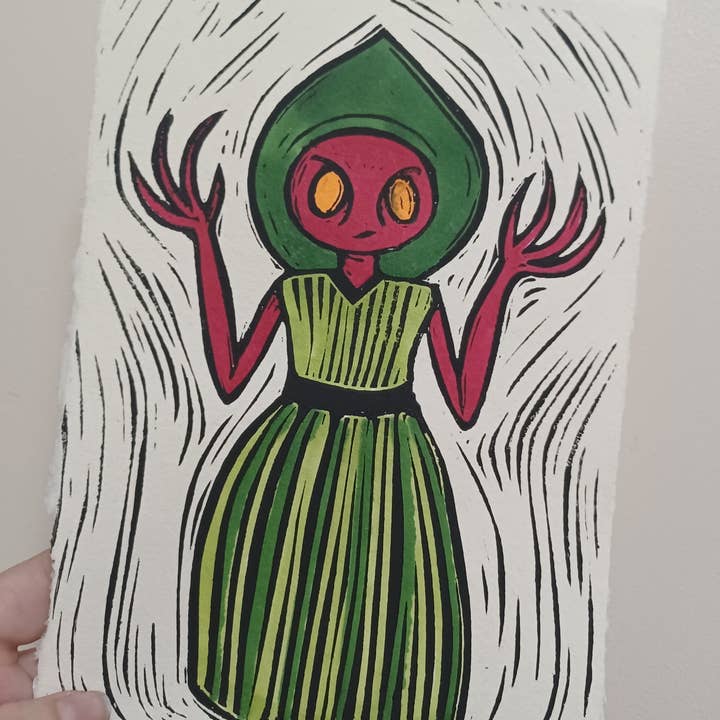 Flatwoods Monster A5 Lino print for wholesale by Minifi's Oddities