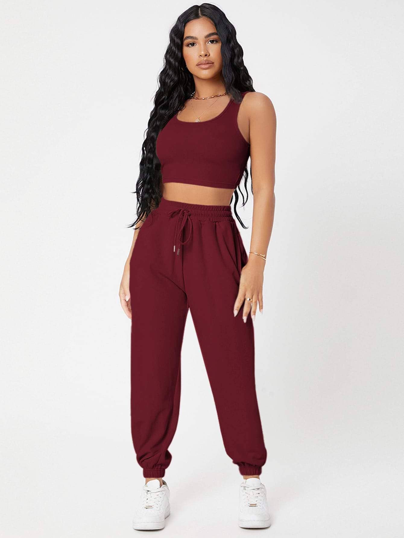 Fashion Combination - Wholesale Lounge set – Women's - petite solid crop tank top and joggers set10