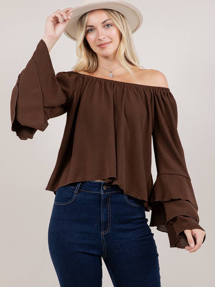 ST7180A CHOCOLATE RUFFLE SLEEVE OFF THE SHOULDER TOP for wholesale by Saints & Hearts