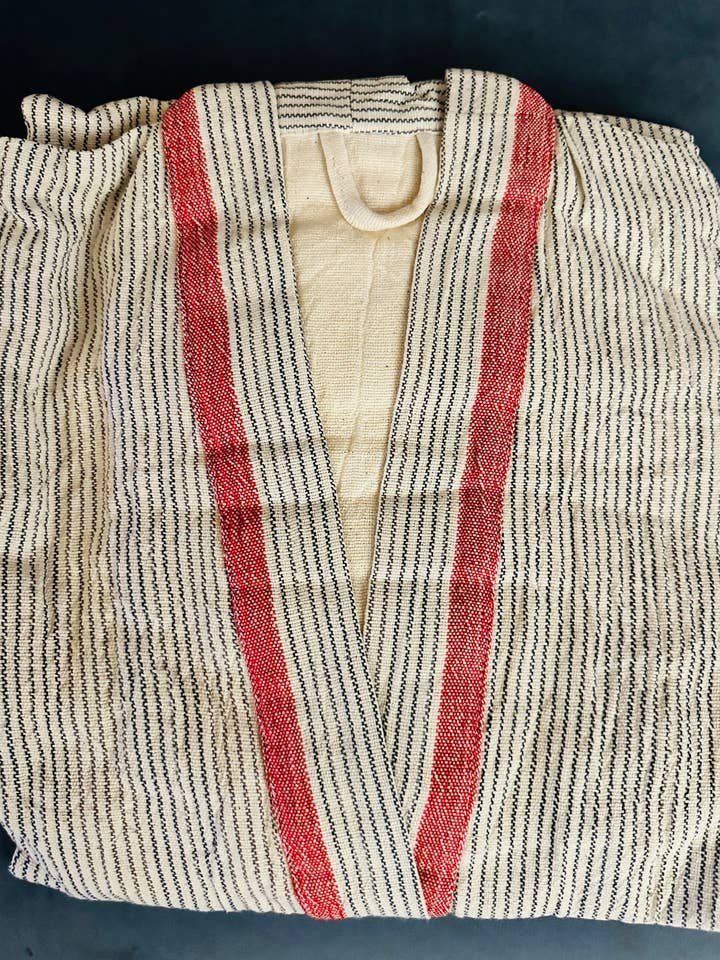 Roupão de banho com padrão listrado tecido à mão, roupa de lazer, marfim/vermelho por atacado de DesignsNYC