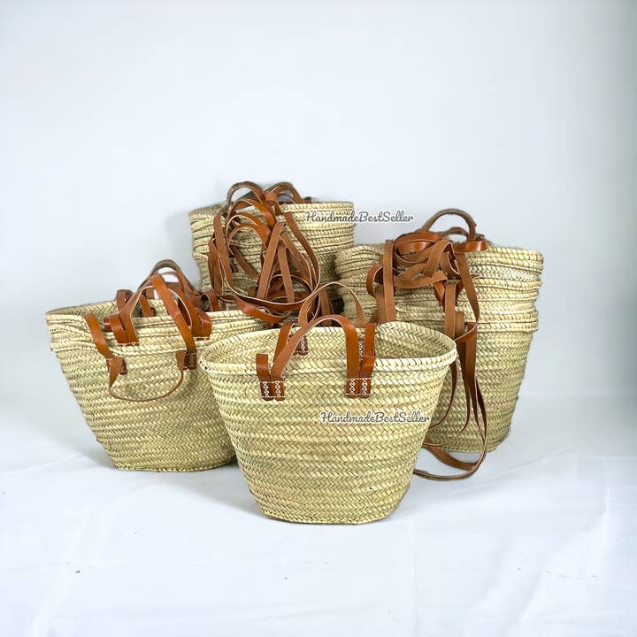 HandmadeBestSeller – wholesale Beach bag – French Market Basket With Leather Handles, Straw bag