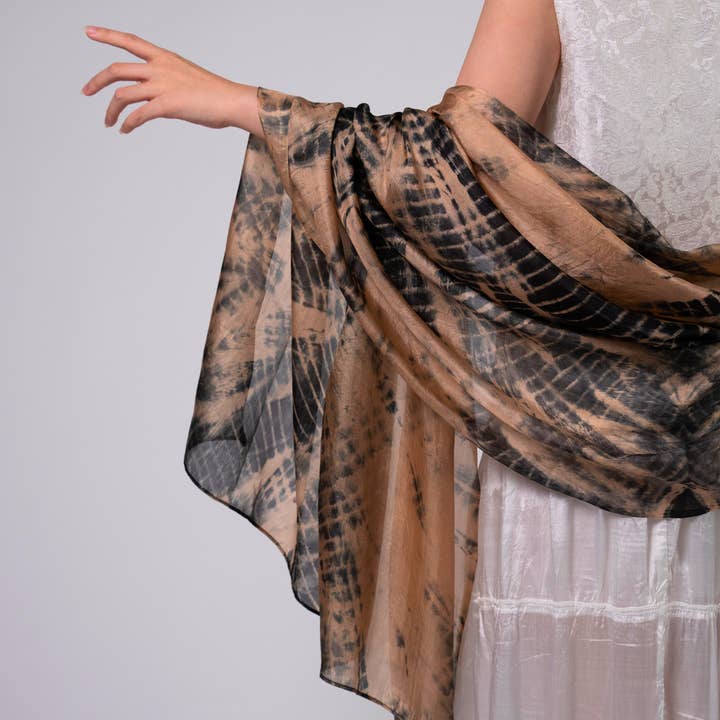 Marbled Copper and Black Silk Habotai Scarf – Elegant, Soft, and Stylish for wholesale by Silk and Bears