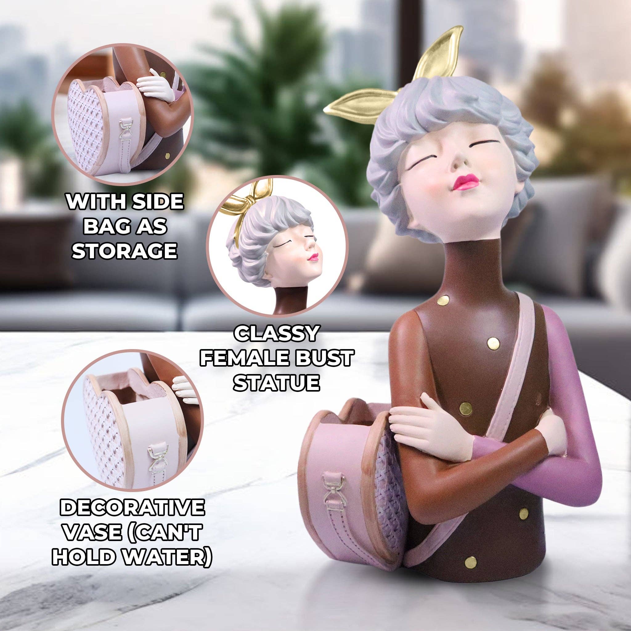 Sona Casa - Wholesale Decorative Figurine - Classy Female Bust Statue Storage and Vase in One, Makeup Organizer, Small Items Storage, Vanity Table Decor, Ladies Gift Brown Polyresin 14 inch 34 cm2