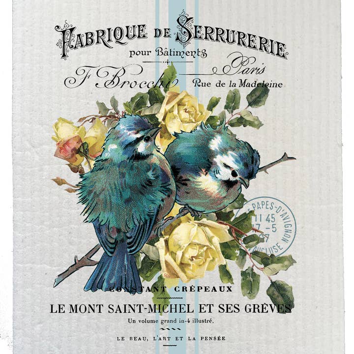 Vintage French Birds Roses Kitchen SWEDISH DISH CLOTH for wholesale by Avery Lane Gifts