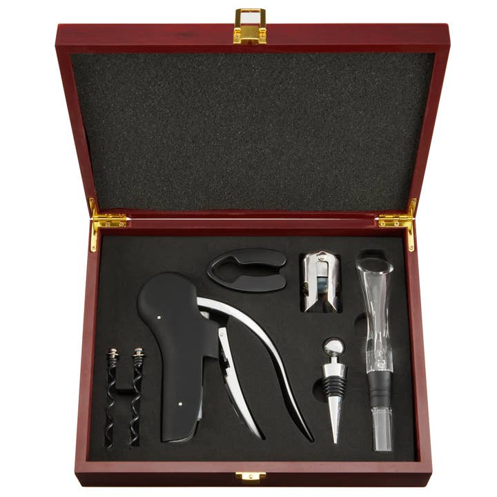 TRUE - Wholesale Wine Tool Set - Wine Essentials Accessory Kit w/ Wood Storage Box - Set of 7