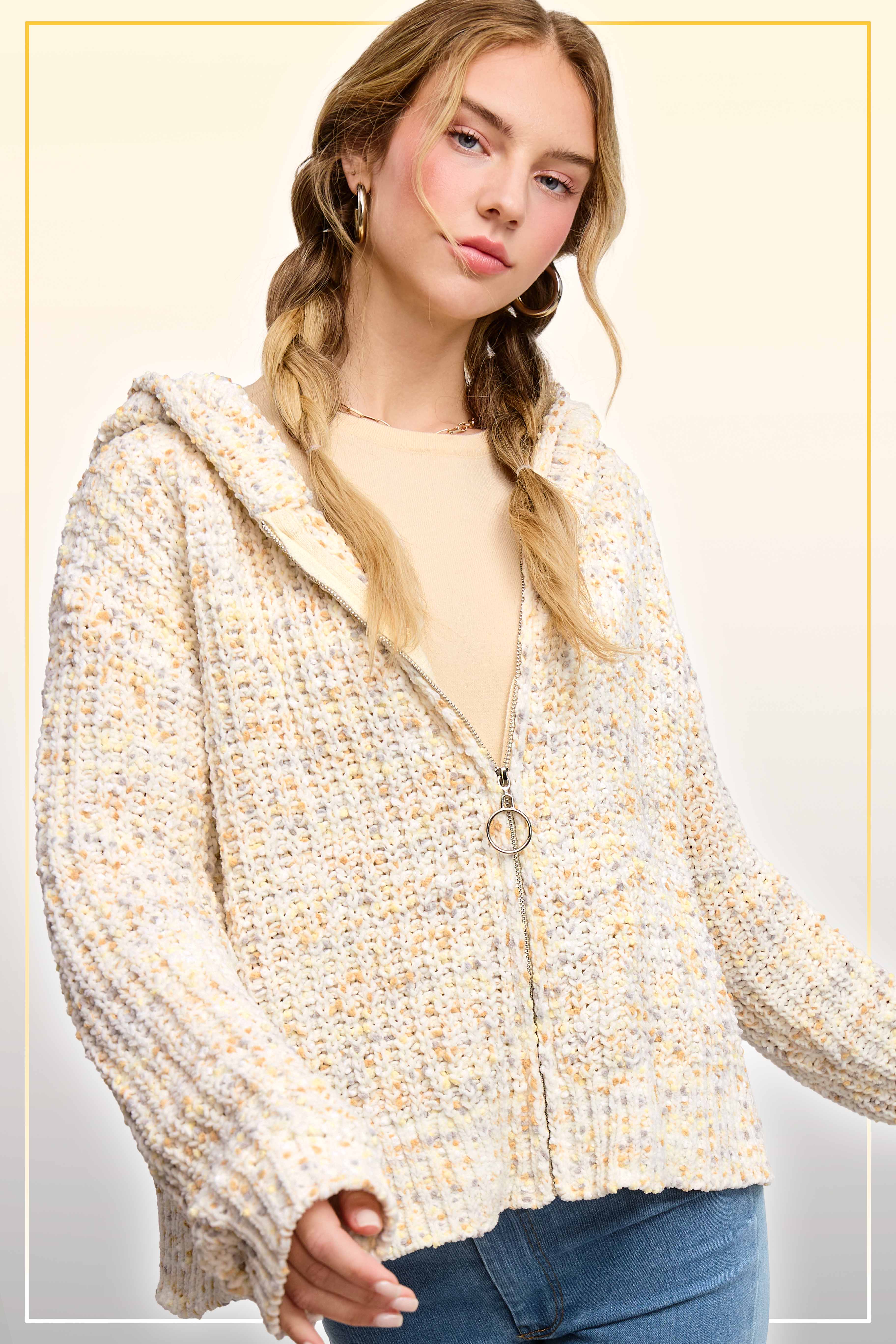 La Miel - Wholesale Hoodie - Women's - JCS3569-Multi Color Confetti Zip-Up Hoodie Sweater7