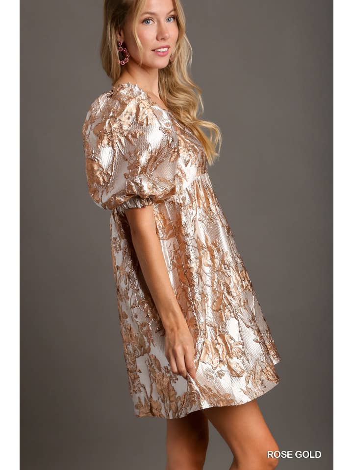 Vanilla Monkey - Wholesale Dress - Women's - Metallic Jacquard Floral Print Foil Balloon Sleeve Dress