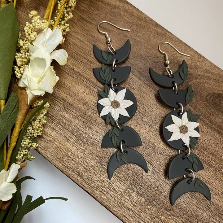 Moon Phase Earrings | Polymer Clay Earrings | Floral Boho Clay Earrings | Clay Moon Earrings | Boho Moon Earrings Clay for wholesale by Amber Rae Studio