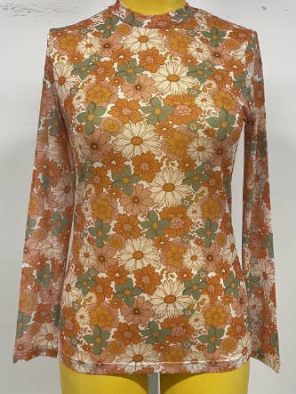 Turquoise Haven - Wholesale Blouse - Women's - TH1221 S199 RETRO ORA/ TURQ FLORAL MESH TOP(1 Piece)