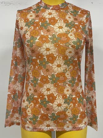 Turquoise Haven - Wholesale Blouse - Women's - TH1221 S199 RETRO ORA/ TURQ FLORAL MESH TOP(1 Piece)0