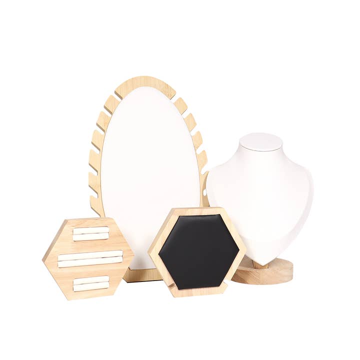 WJW - Wholesale Jewelry Stand & Display - Natural Wood & Leather 1 Unit Hexagon Necklace Display