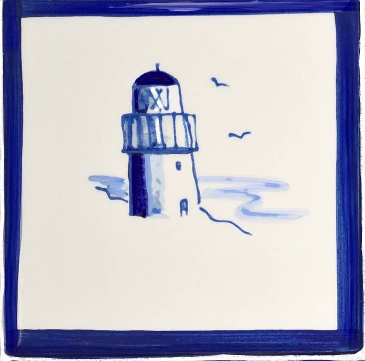 Elspeth Gardner Ceramics - Wholesale Wall Tile - Hand painted delftstyle ceramic tile Lighthouse in 2 sizes0