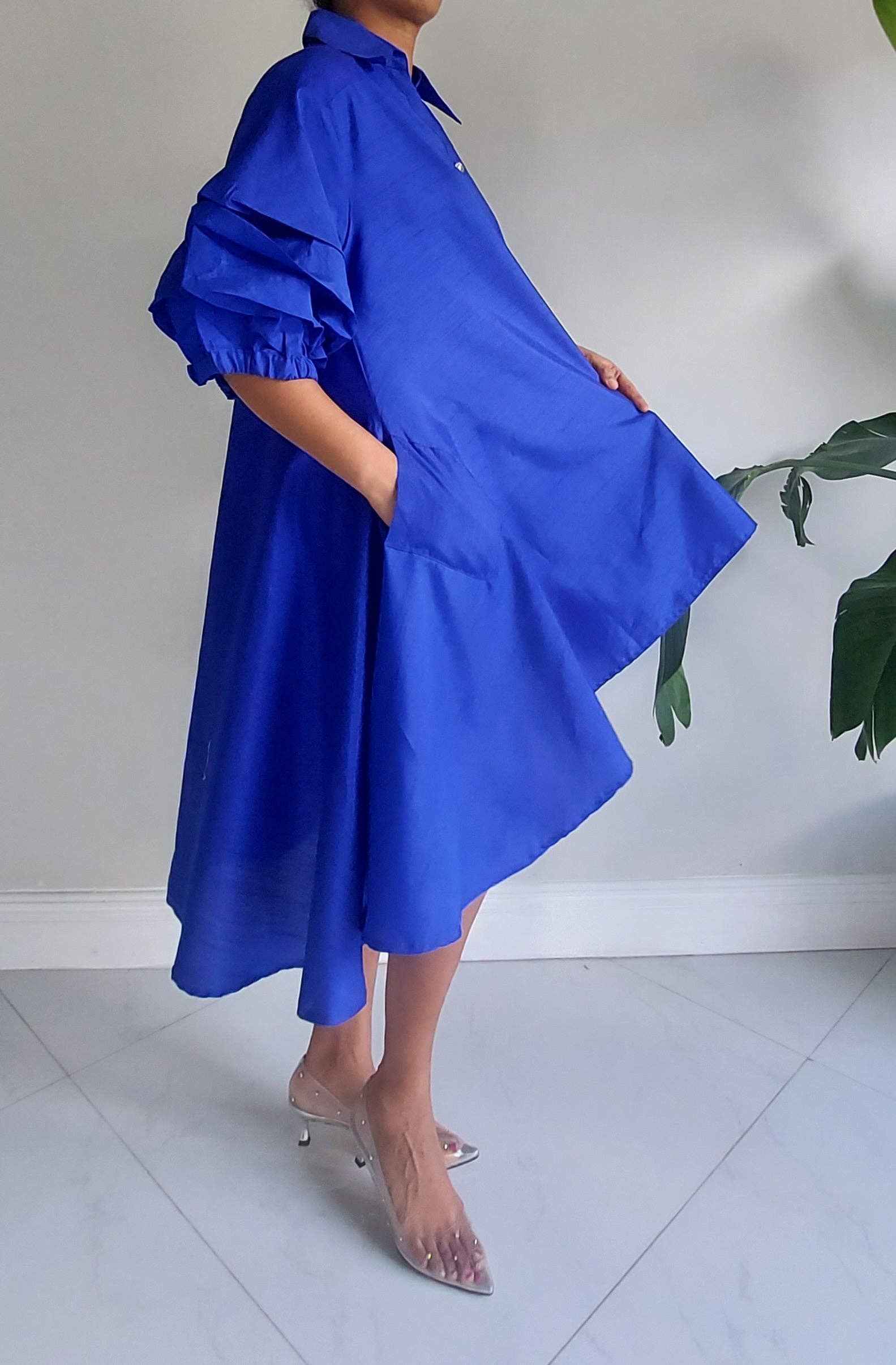 India Batik - Wholesale Dress - Women's - Swing Dress/ Faux Silk / Ruffle Sleeve - Royal4