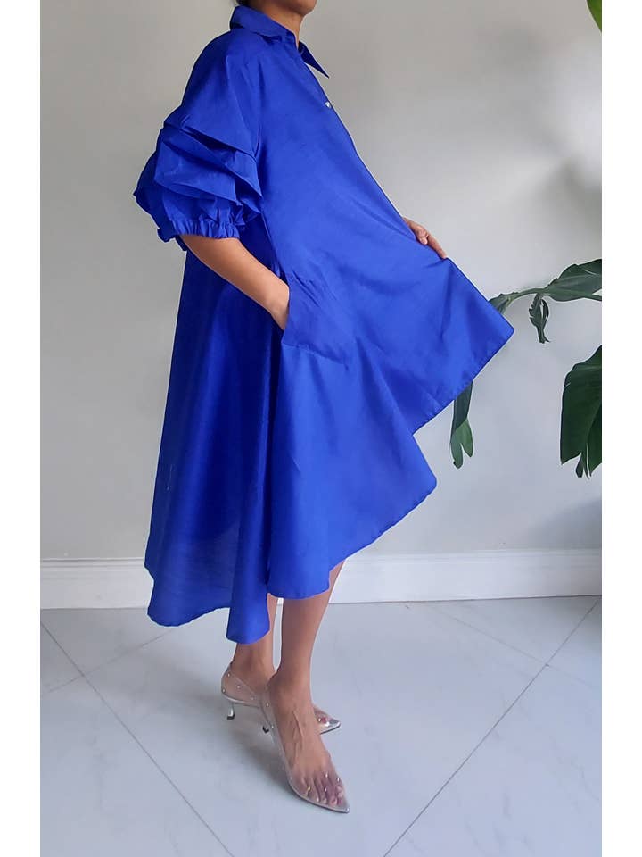 India Batik – Engroshandel Kjole - Dame – Swingkjole i kunstsilke med flæseærmer - Royal blå4