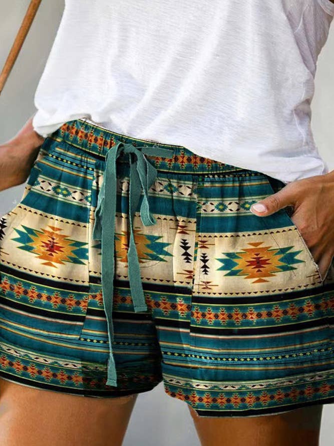 UNISHE - Wholesale Shorts - Women's - Western Aztec Print Drawstring Shorts - Size Chart Available