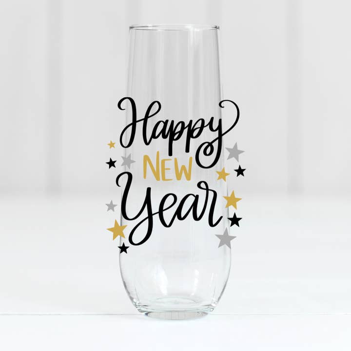 Happy New Year | UVDTF | 10oz Stemless Flute Glass for wholesale by SKS Design Studio