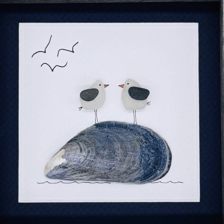 Driftsea Creations - Wholesale Collage - Sea Glass Sea Gulls on Mussel Shell1