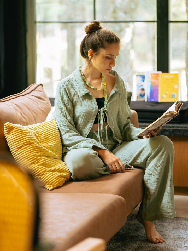 Moa - Wholesale Lounge Set - Women's - Sage Green Crinkle Cotton Lounge Wear Set