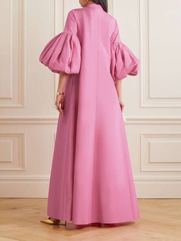 FurDecoration - Wholesale Dress - Women's - Flowy Floral Stand Collar Lantern Sleeve Maxi Dress