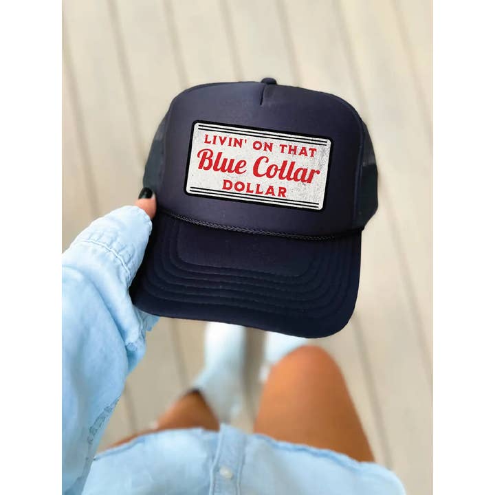 Southern Attitude Designs Inc - Wholesale Trucker Hat - Women's - Livin on that Blue Collar Dollar DTF Printed Black Trucker Hat