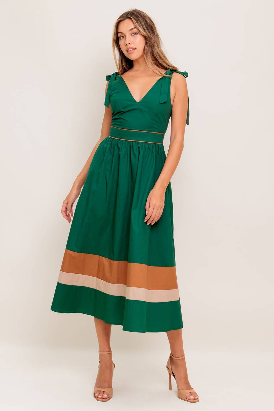 GREEN TAUPE A solid woven color blocked midi dress - ID22698 for wholesale on Faire1