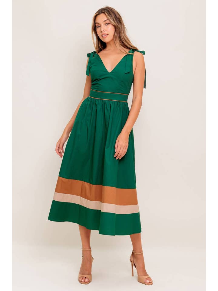 GREEN TAUPE A solid woven color blocked midi dress - ID22698 for wholesale on Faire1