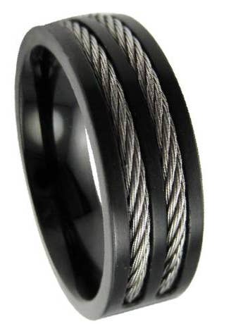 Men’s Stainless Steel Black Cable Ring with Flat Face for wholesale by Just Mens Rings