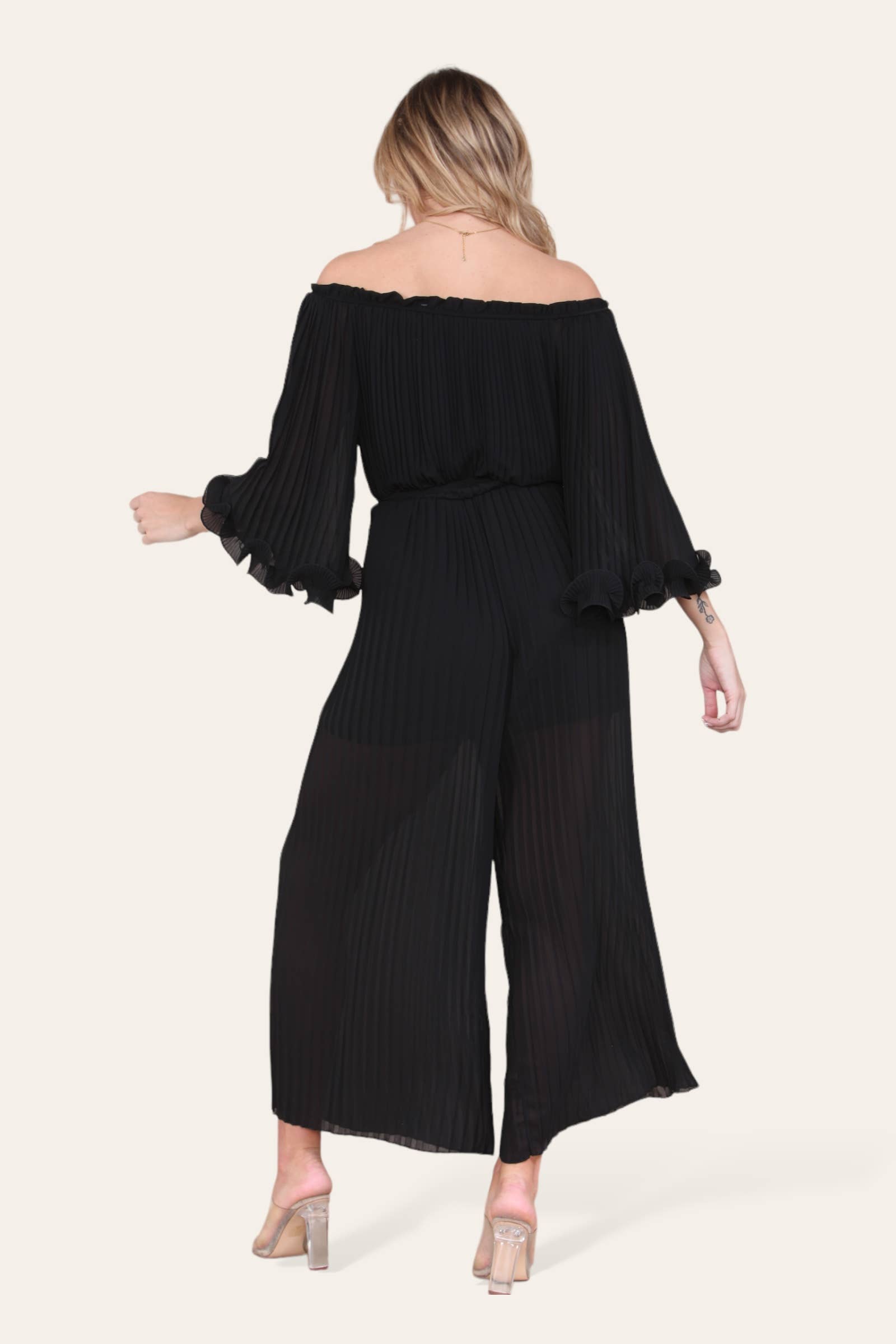 WHITE Sofia Bardot Pleated Frill Jumpsuit for wholesale on Faire28