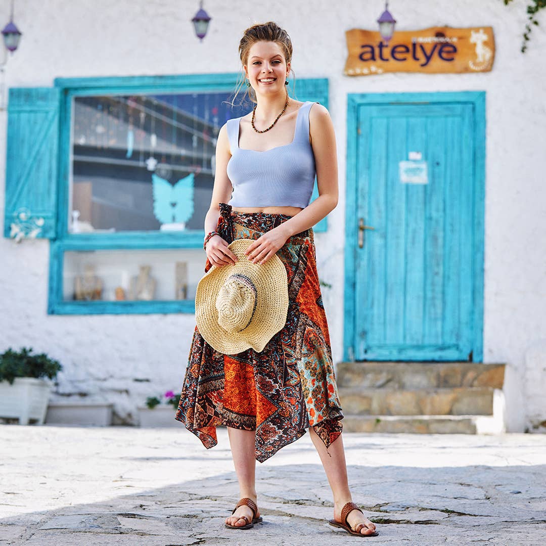 Los Banditos - Wholesale Skirt - Women's - Brown Print Asymmetrical Hem Flowy Midi Skirt1