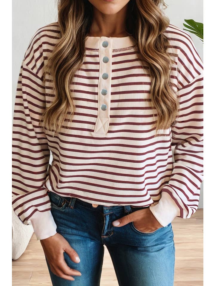 Rouge Haut Henley à manches longues à rayures pour femmes en vente sur Faire0