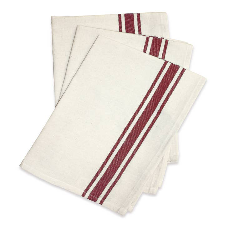 Red Beige Kitchen Towels 100% Cotton Flat Weave with Decorative Stitching  Set
