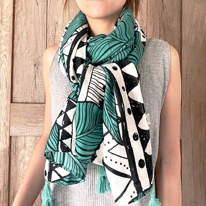 Green Leaf Geometric Shawl Wrap Scarf with Tassels for wholesale by Fennco Styles