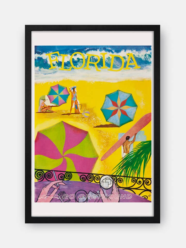 Affiche Go Greyhound (Floride) des années 1960 pour la vente par The Curious Desk