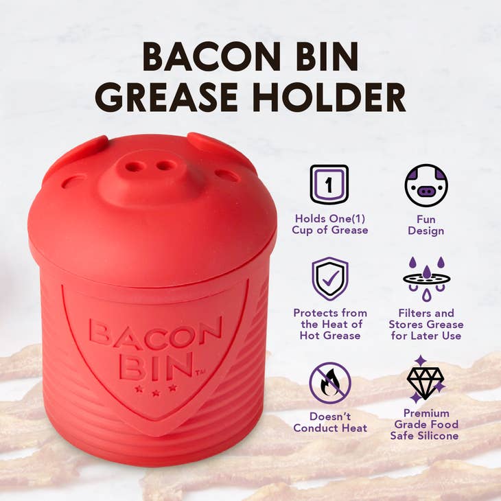 Talisman Designs Bacon Bin Silicone Grease Container with Strainer, 1 cup,  Red