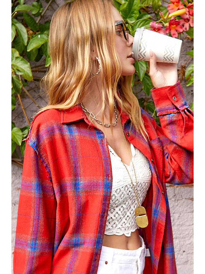 La Miel - Wholesale Button Down Shirt - Women's - SRT1372-Loose Fit Button Down Cut Edge Detailed Plaid Shirts14