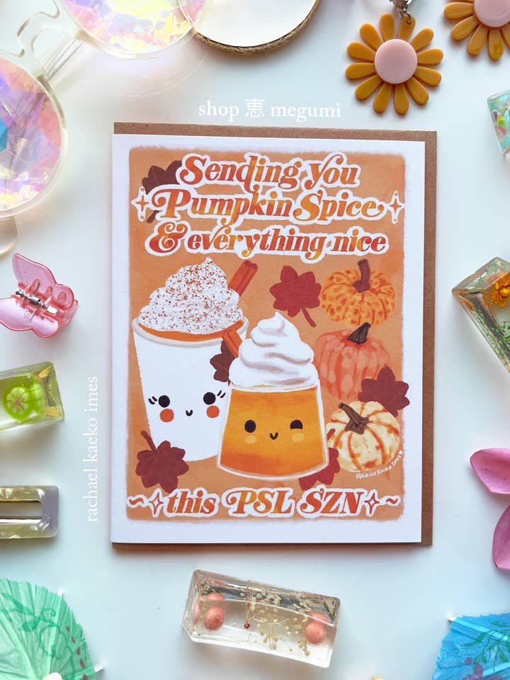 Carte de vœux PSL SZN | Carte de vœux Latte à la citrouille épicée | Illustration artistique de Latte à la citrouille épicée | Carte de vœux Saison du Latte à la citrouille épicée pour la vente par shop megumi
