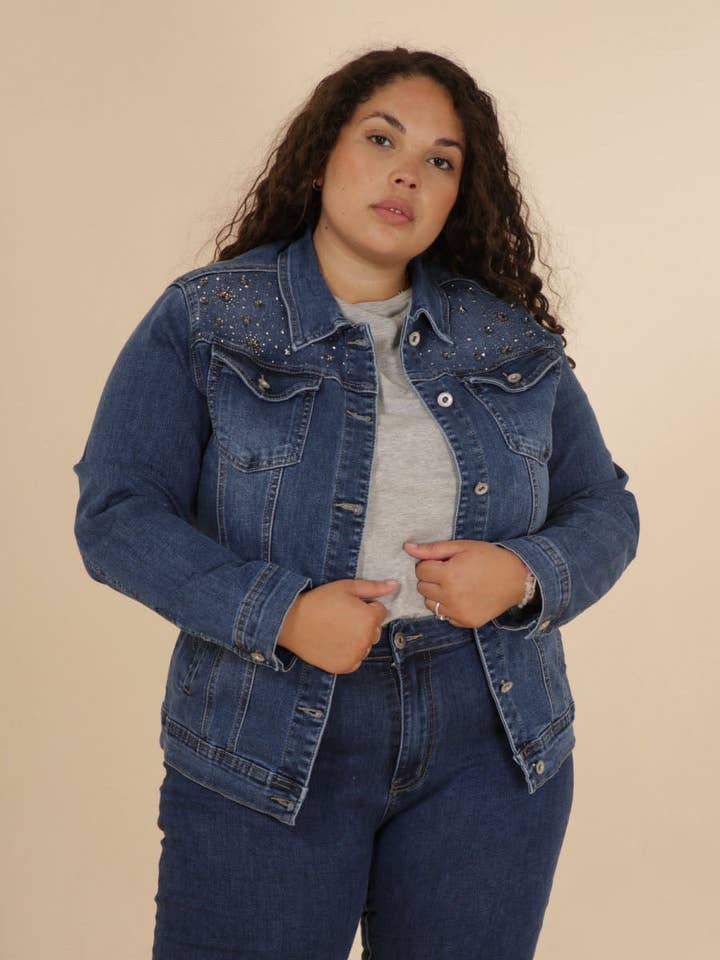 G Smack Embellished Stretchy Dark Wash Denim Jacket for wholesale by DenimVista