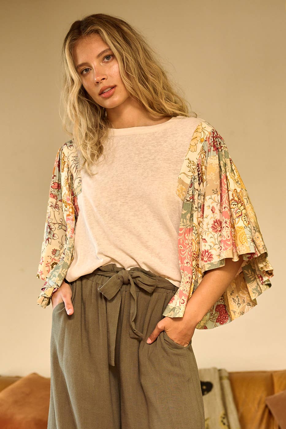 mittoshop - Wholesale Blouse - Women's - FLORAL PATCHWORK PRINT RUFFLE FLUTTER SLEEVE TOP14