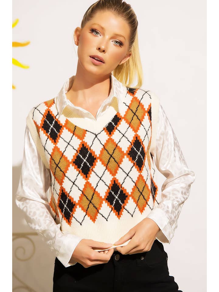 Sweet Generis - Venta al por mayor Chaleco de punto - Mujer - CHALECO CON CUELLO EN V Y PATRÓN DE ARGYLE DE PUNTO GRUESO13