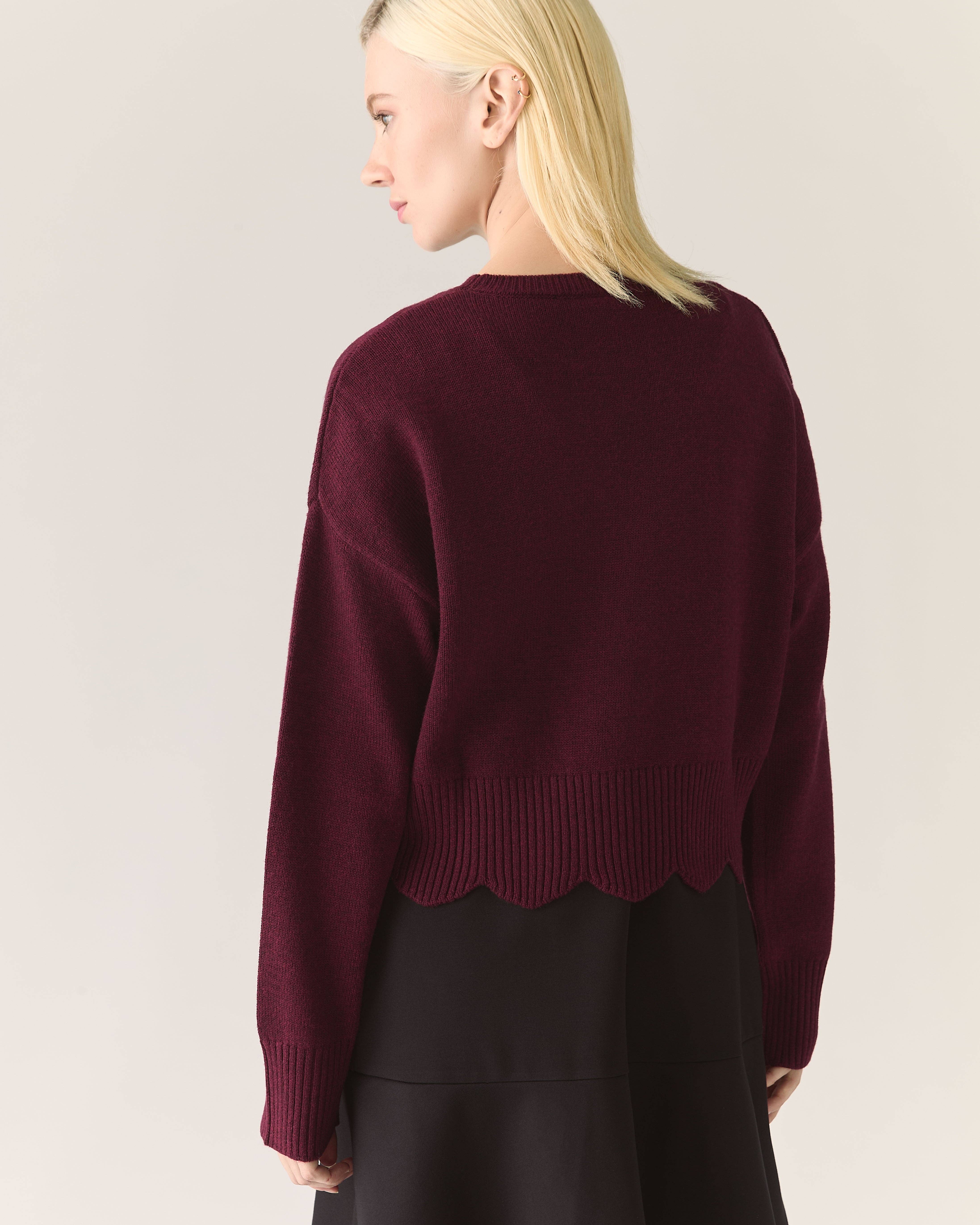 Rachel - Wholesale Knit Sweater - Women's - Scalloped Edge Pullover Responsible Merino in Zinfandel4