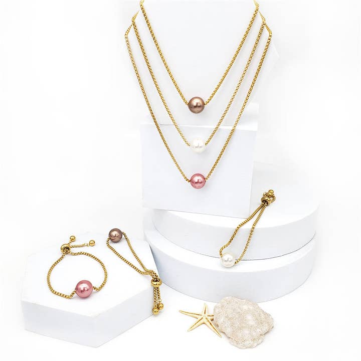 Set aus Kordelarmband und Halskette mit Perle in 2 verschiedenen Farben für den Großhandel von S&T Collections