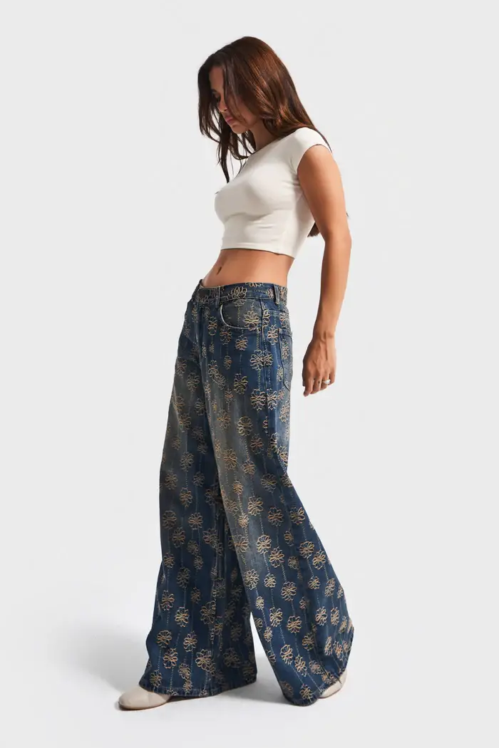 DesignofBoho – Engroshandel Jeans - Dame – Kvinders Stone Wash Palazzo Fit Broderet Design Denim Jeans1